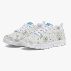 Girls’ Santorini Travel Sneakers in white with floral design and blue accents for stylish comfort.