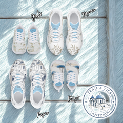 Boys’ Santorini Travel Sneakers displayed alongside girls' and adults' versions in a bright setting.