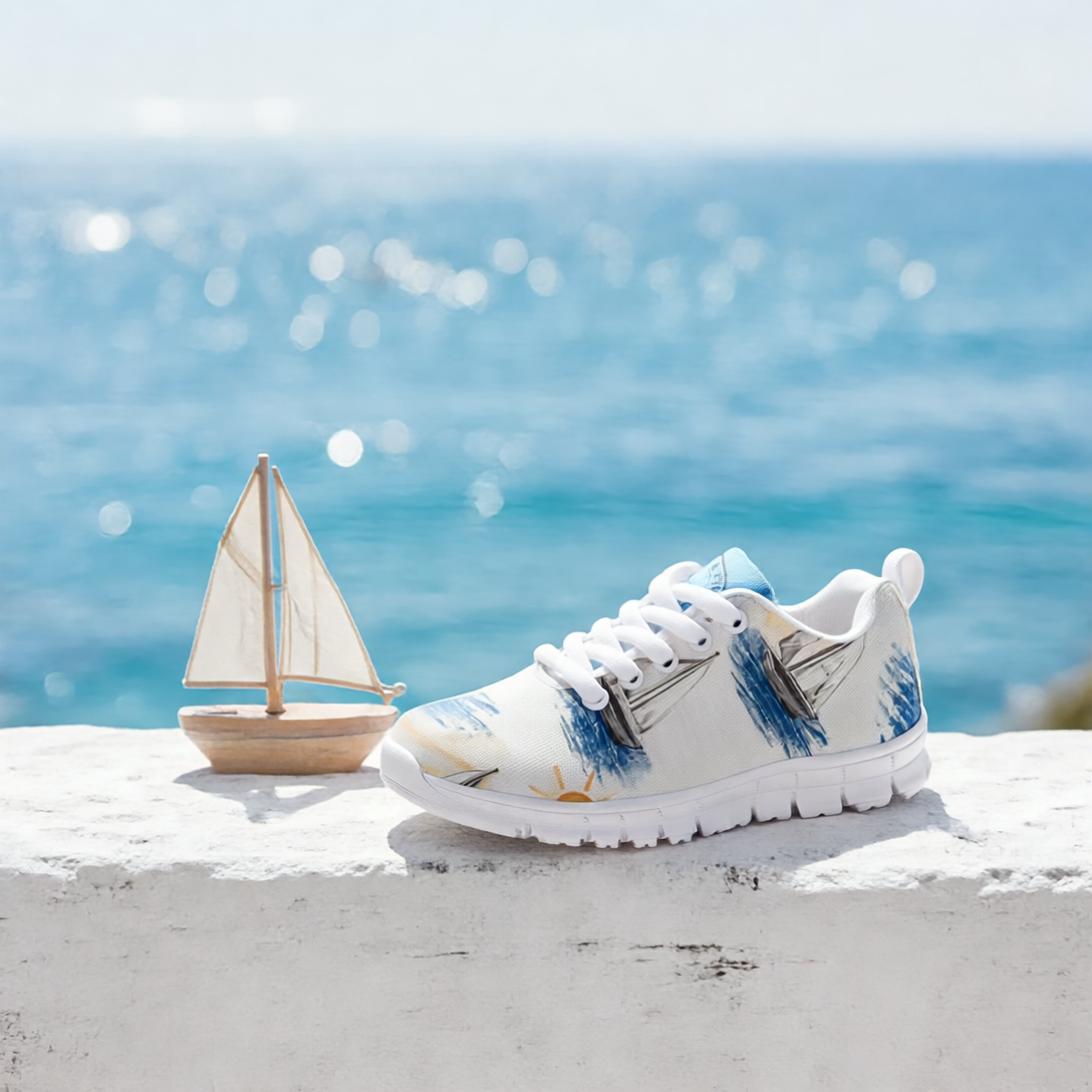 Boys’ Santorini Travel Sneakers displayed by the sea with a decorative sailboat in the background.