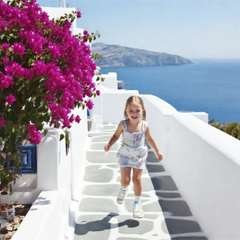Girl wearing Girls’ Santorini Travel Sneakers walking on a picturesque cobblestone street by the sea.