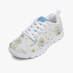 Girls’ Santorini Travel Sneakers in white with floral design and blue accents, perfect for comfort and style.