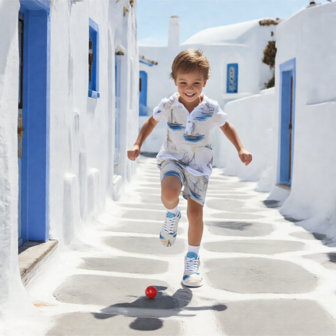 Boy running in the street wearing Boys’ Santorini Travel Sneakers and summer outfit, playing with a red ball.