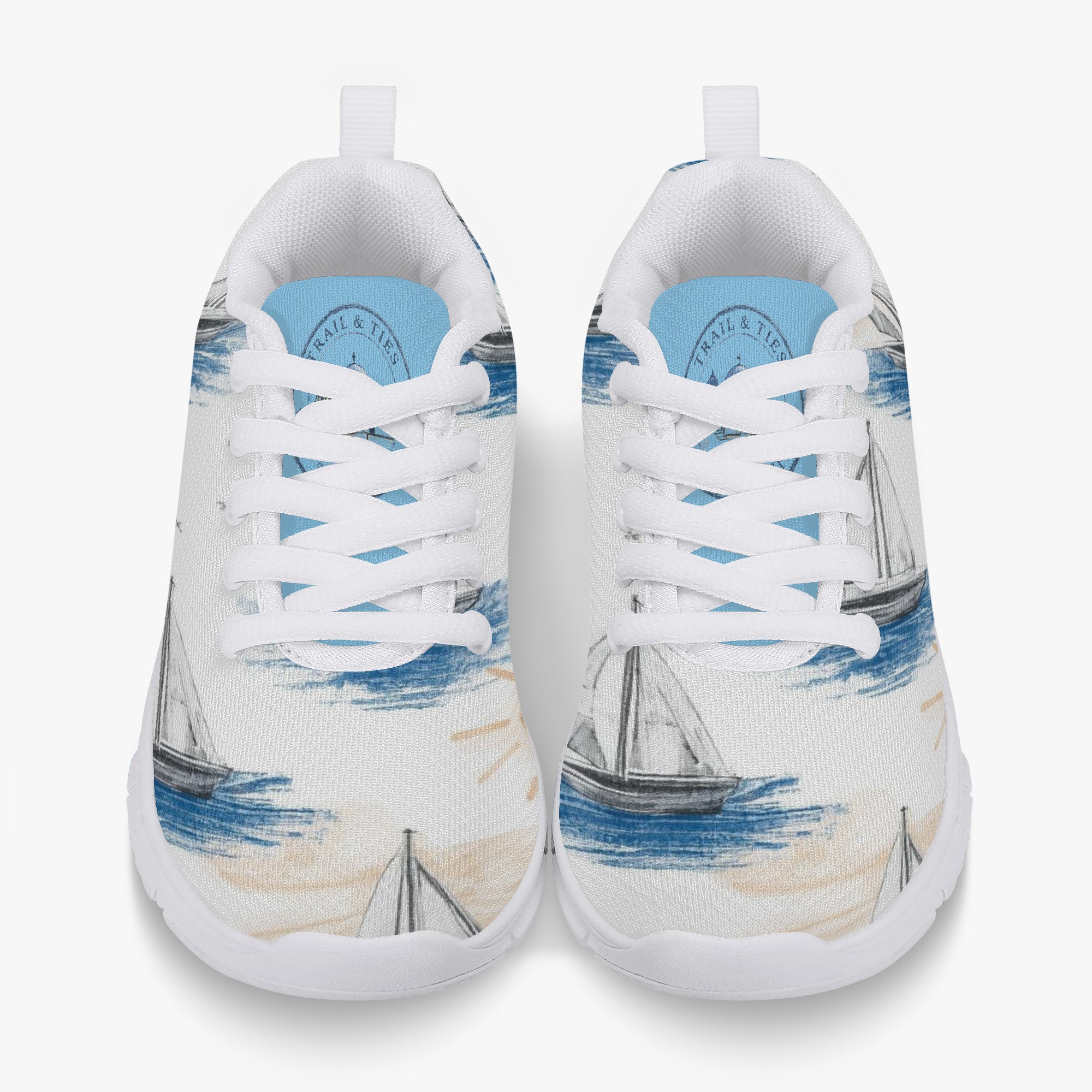 Boys’ Santorini Travel Sneakers featuring a boat print design, breathable mesh, and a lightweight construction.