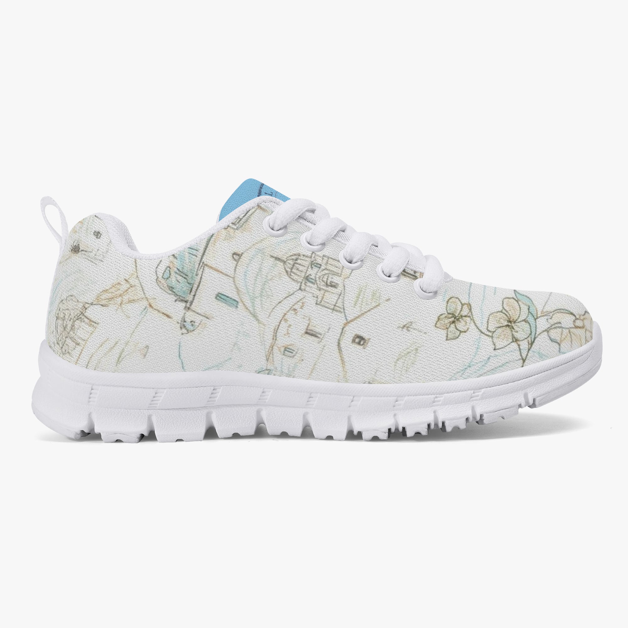 Girls’ Santorini Travel Sneakers in white with floral design, perfect for comfort and style during travel adventures.