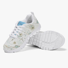 Girls’ Santorini Travel Sneakers featuring a floral design with white sole and breathable mesh upper.